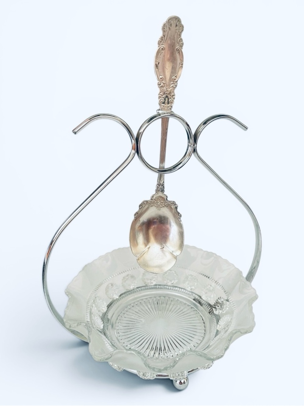 Vintage relish server, silver tone, removable cut glass bowl